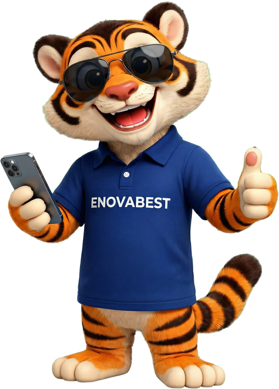 Mascota de Enovabest con su celular, lista para vender